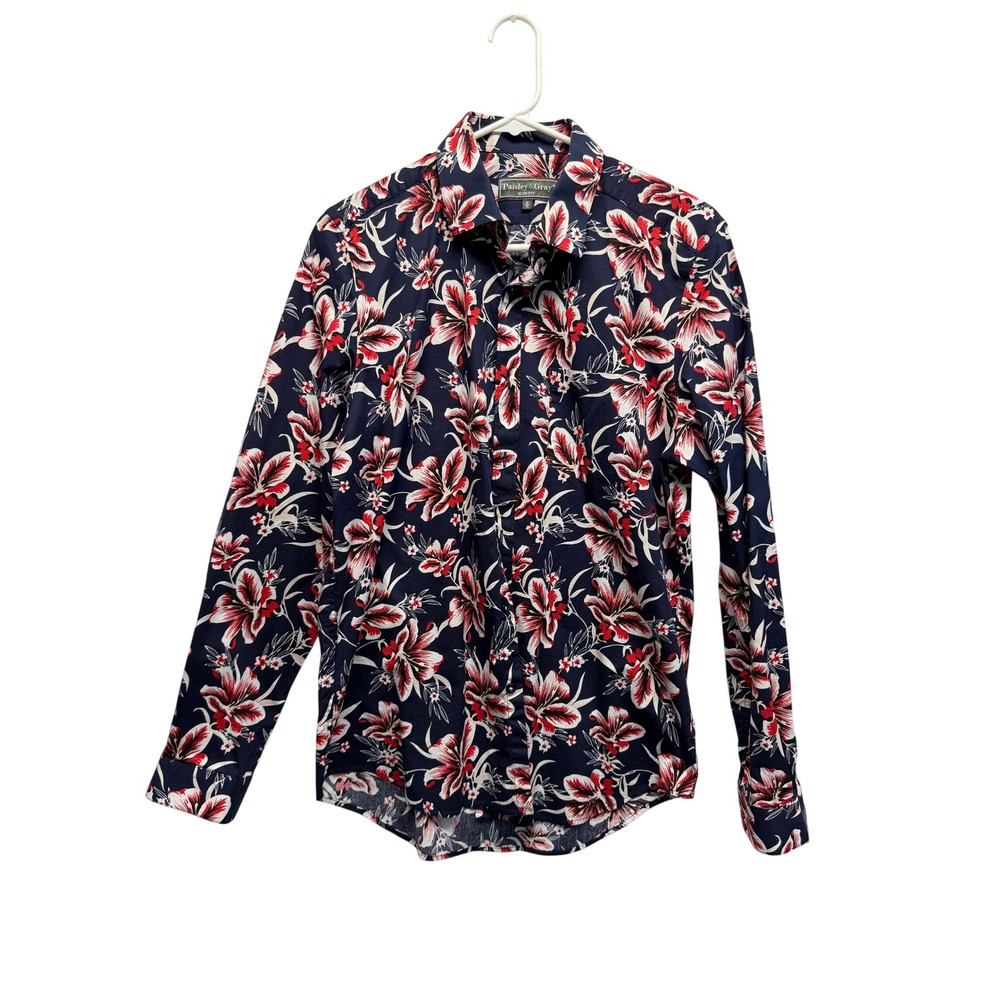 Paisley & Gray Mens Slim Fit Floral Hibiscus Button Down Shirt Navy Red Size M
